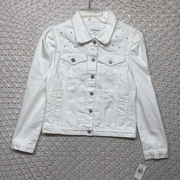 Vigoss Denim Jacket Womens Sz M White Jean Petals Pearl Posy Pockets Western - Picture 1 of 13